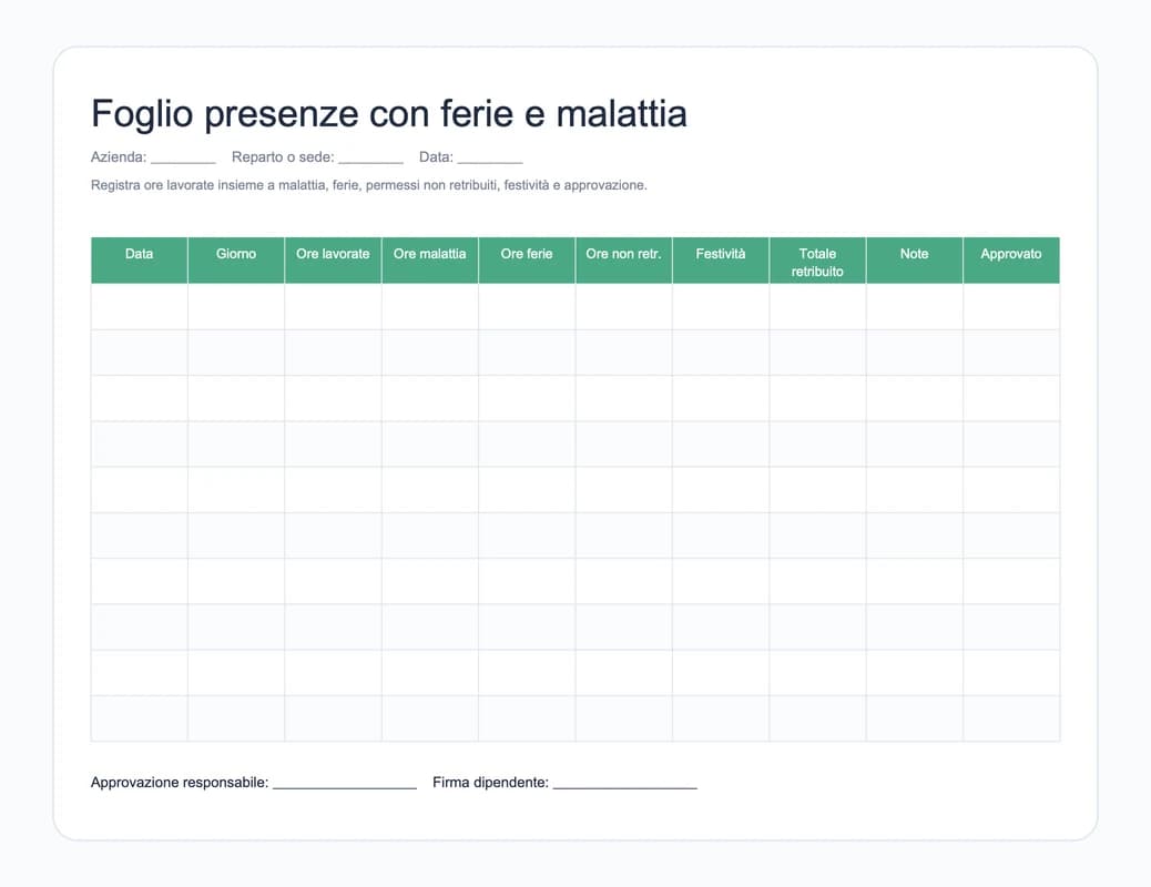 Anteprima del modello Excel di foglio presenze con ferie e malattia