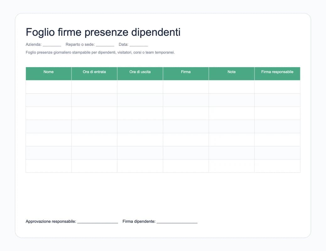 Anteprima del modello Excel di foglio firme presenze dipendenti