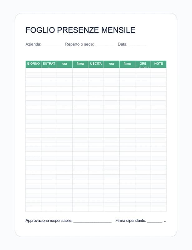 Anteprima del modello Excel di foglio presenze mensile