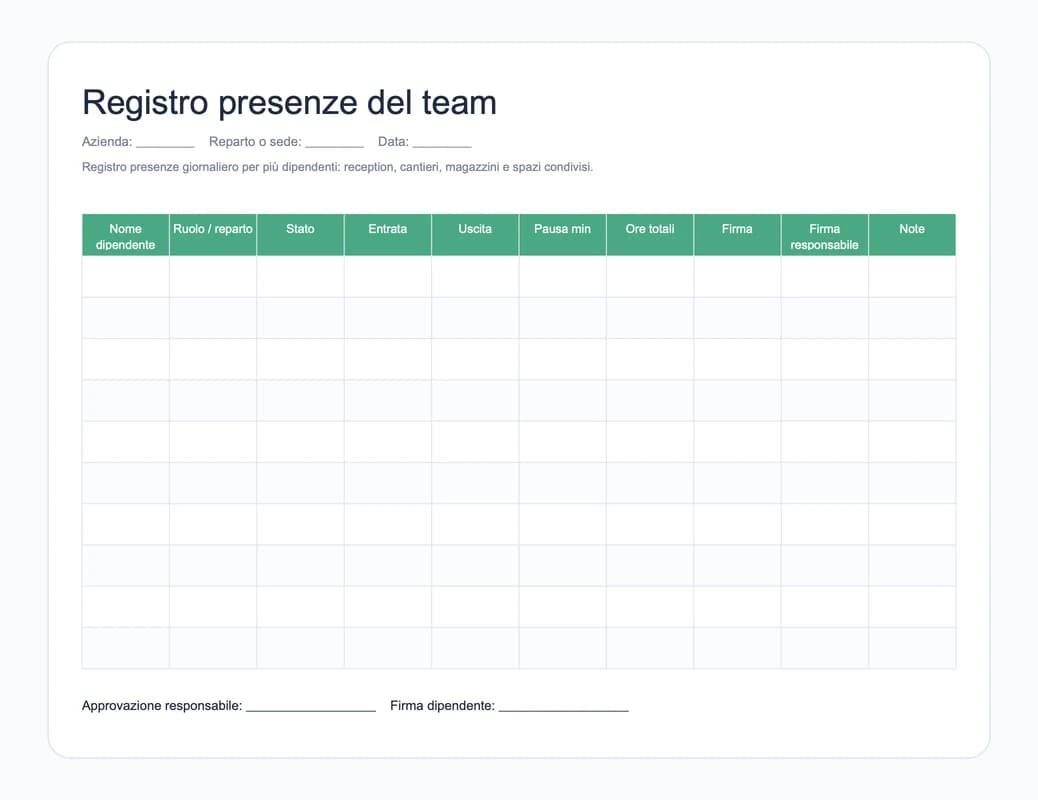Anteprima del modello Excel di registro presenze del team