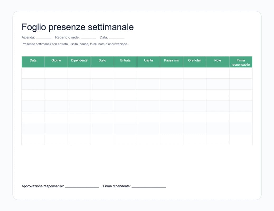 Anteprima del modello Excel di foglio presenze settimanale
