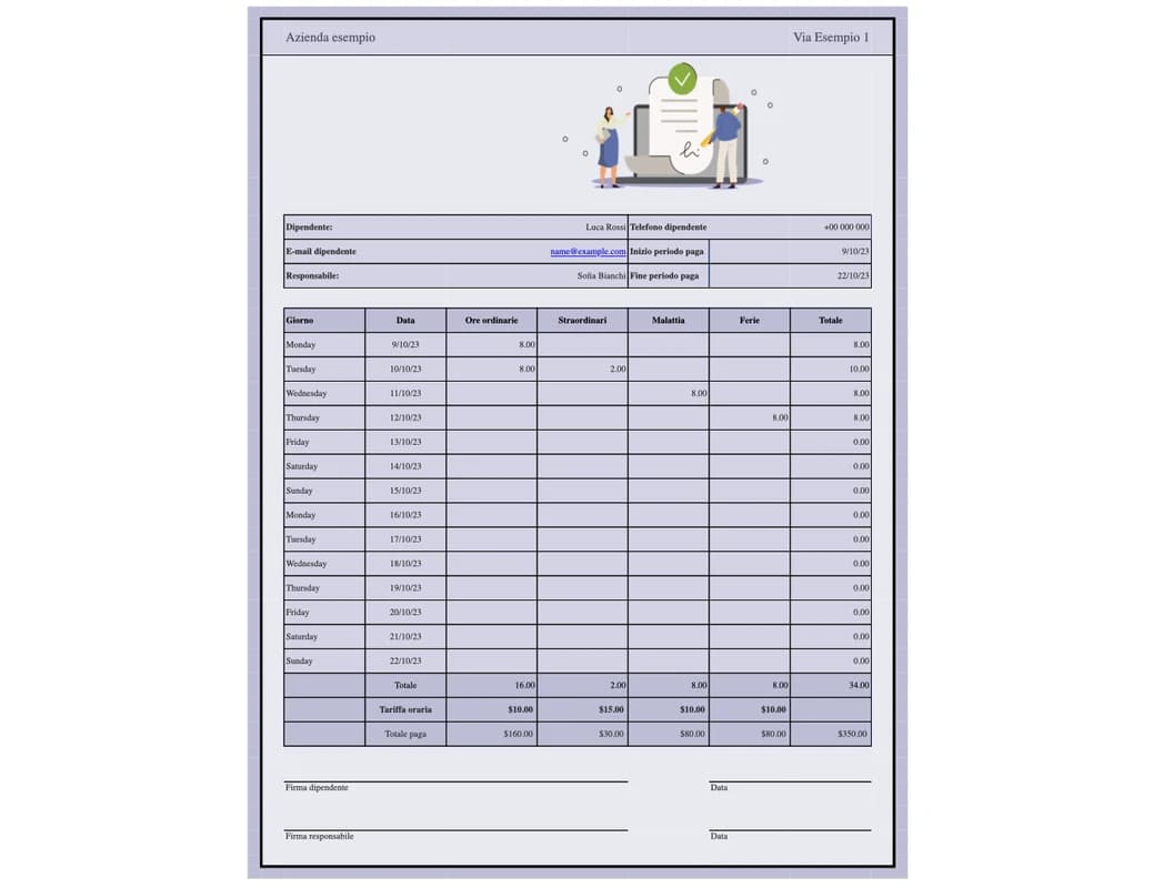Anteprima del modello Excel di foglio ore bisettimanale