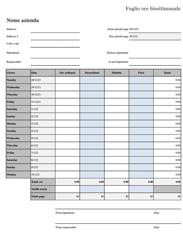 Anteprima del foglio presenze Excel con ferie e malattia