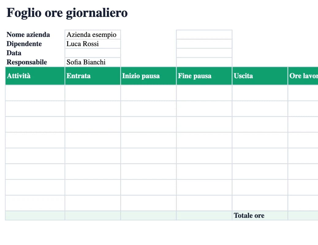 Anteprima Excel: Foglio ore giornaliero