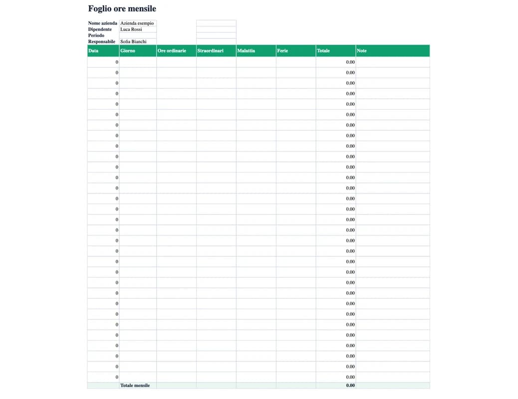 Anteprima Excel: Foglio ore mensile