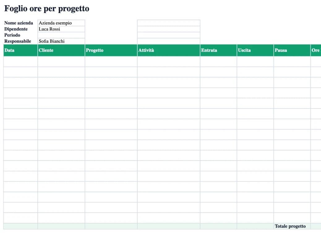 Anteprima Excel: Foglio ore per progetto