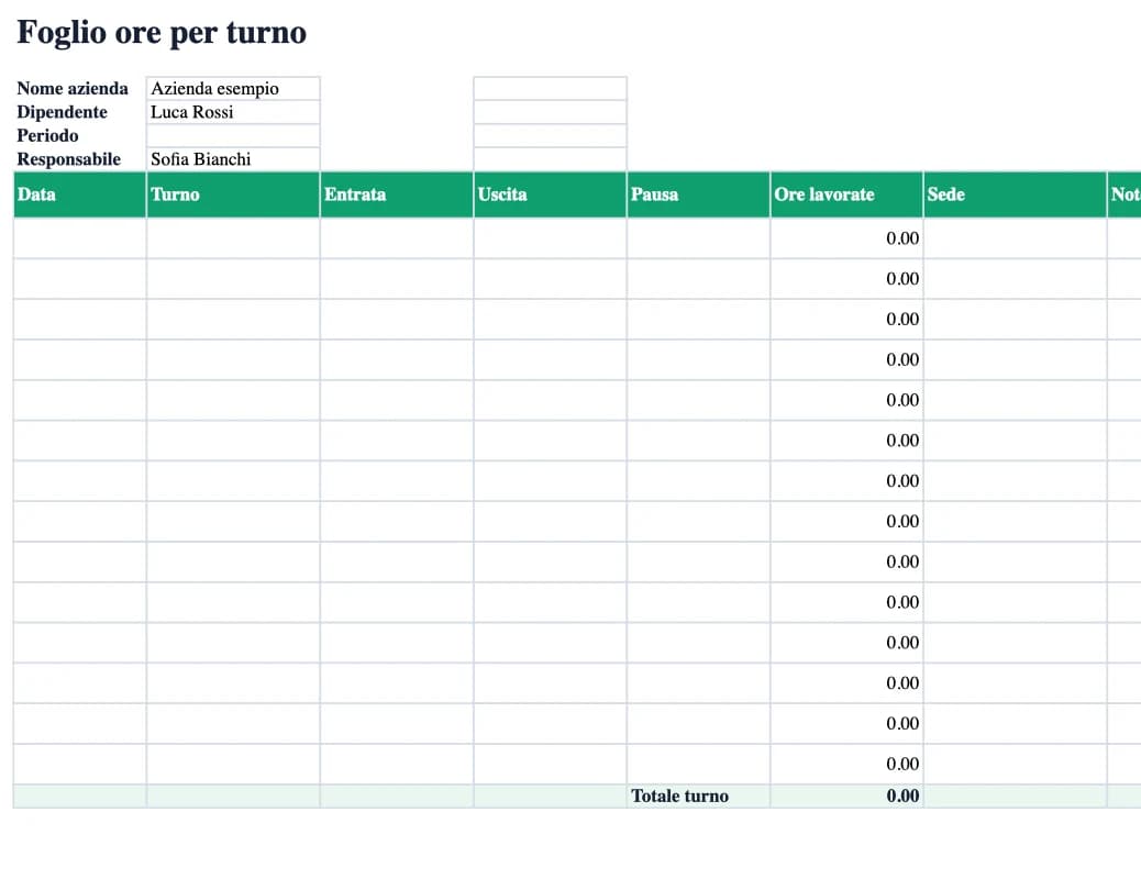 Anteprima Excel: Foglio ore per turno