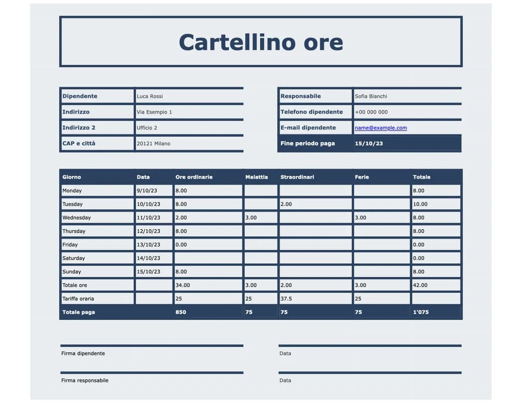 Anteprima del modello Excel di cartellino orario con entrata e uscita
