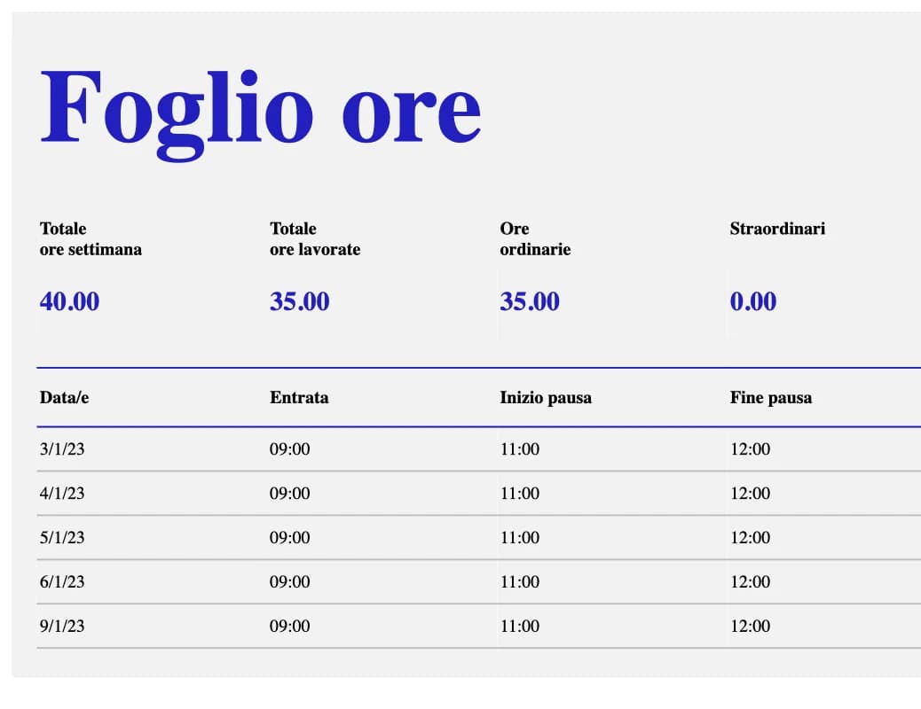 Anteprima del modello Excel di foglio presenze settimanale