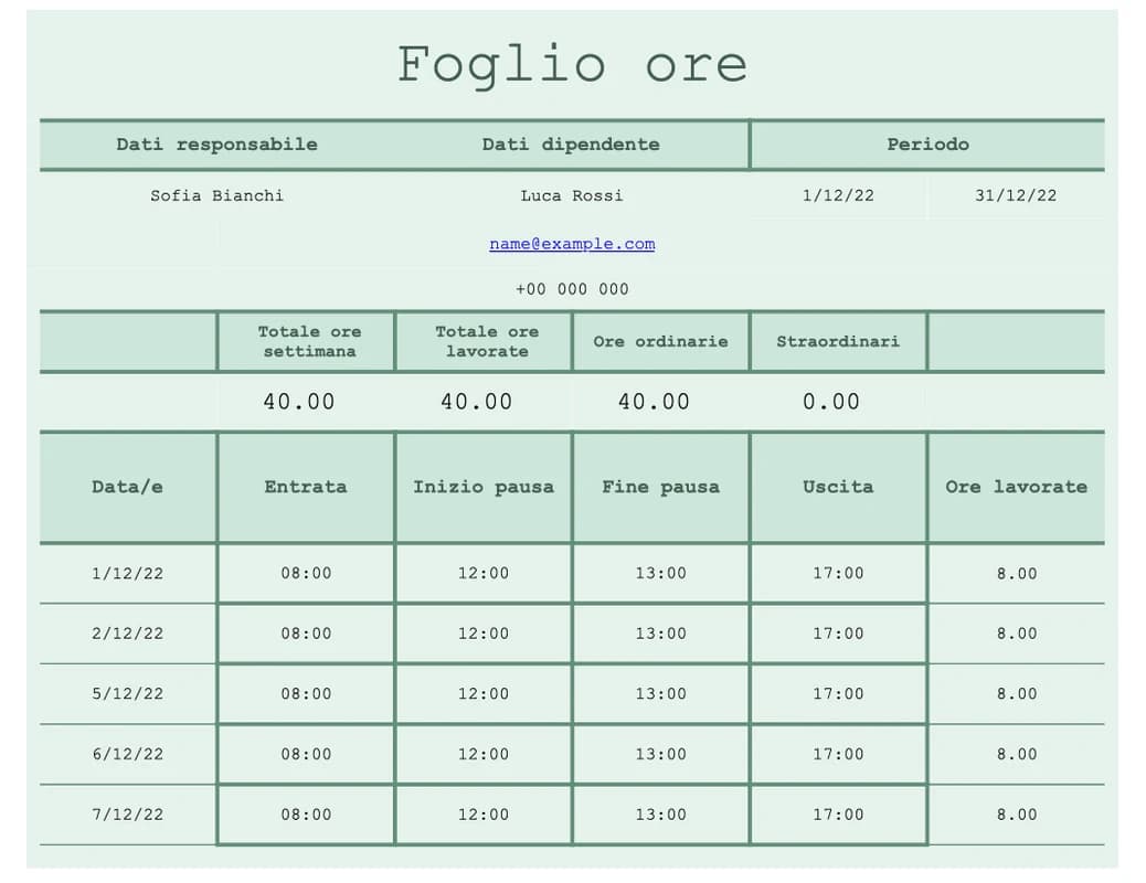 Anteprima del foglio ore Excel dettagliato per attività e progetti
