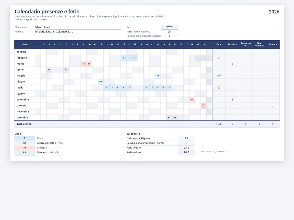 Calendario annuale presenze e ferie con giorni di ferie e malattia segnati