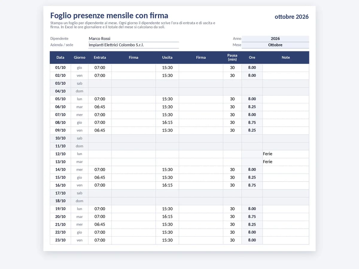 Foglio presenze mensile con orari di entrata e uscita e colonne per la firma