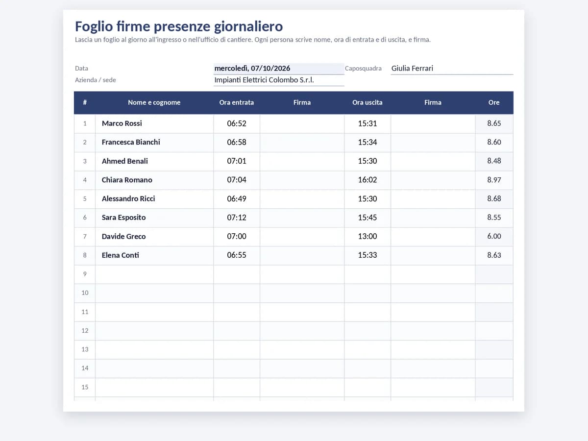Foglio firme presenze giornaliero con ora di entrata, ora di uscita e firme
